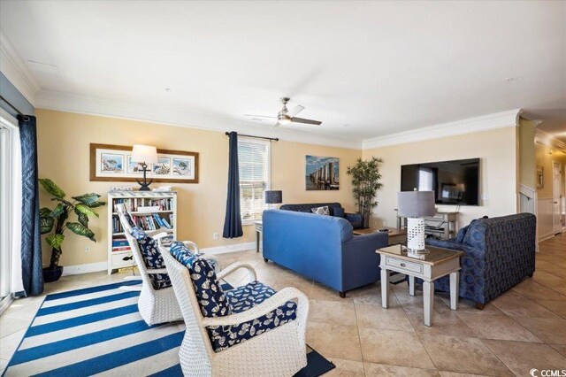 817 S Ocean Blvd Unit 105, North Myrtle Beach, SC 29582 - living area featuring crown molding, ceiling fan, and light tile patterned floors