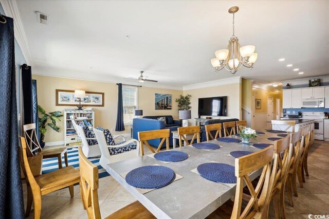 817 S Ocean Blvd Unit 105, North Myrtle Beach, SC 29582 - dining room with ornamental molding, light tile patterned floors, a chandelier, ceiling fan, and recessed lighting