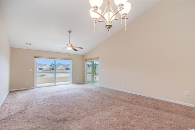 carpeted spare room featuring a water view, visible vents, high vaulted ceiling, baseboards, and ceiling fan with notable chandelier