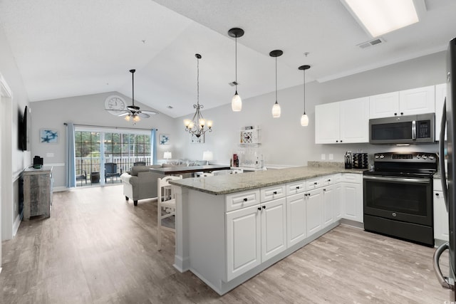 kitchen featuring stainless steel microwave, open floor plan, a peninsula, white cabinetry, and range with electric stovetop