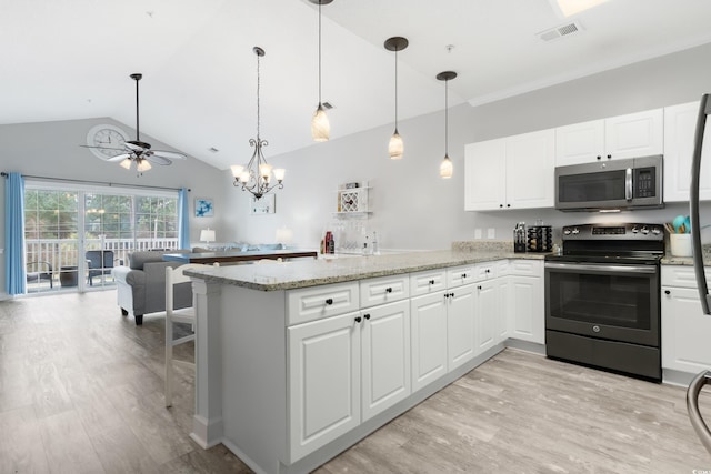 kitchen featuring electric stove, visible vents, stainless steel microwave, white cabinetry, and a peninsula