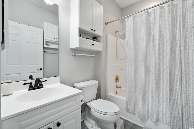 bathroom with toilet, shower / bathtub combination with curtain, and vanity