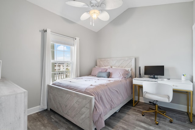 bedroom with dark wood-style floors, vaulted ceiling, baseboards, and ceiling fan