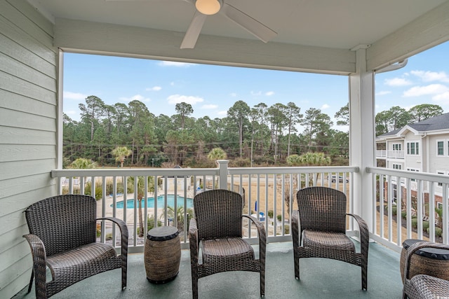 balcony with a ceiling fan