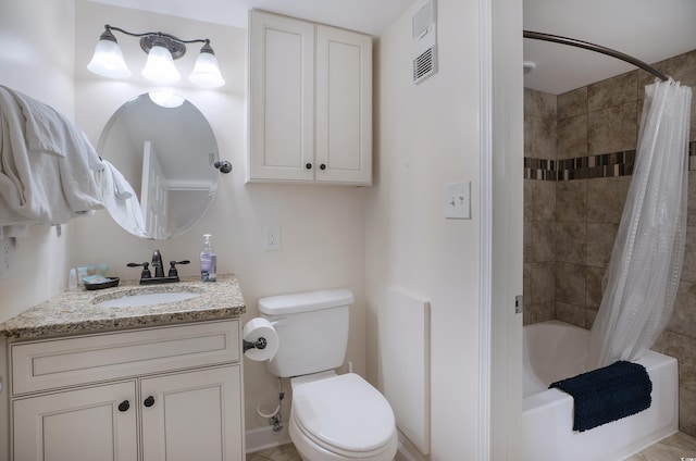 bathroom with toilet, visible vents, shower / bath combination with curtain, and vanity