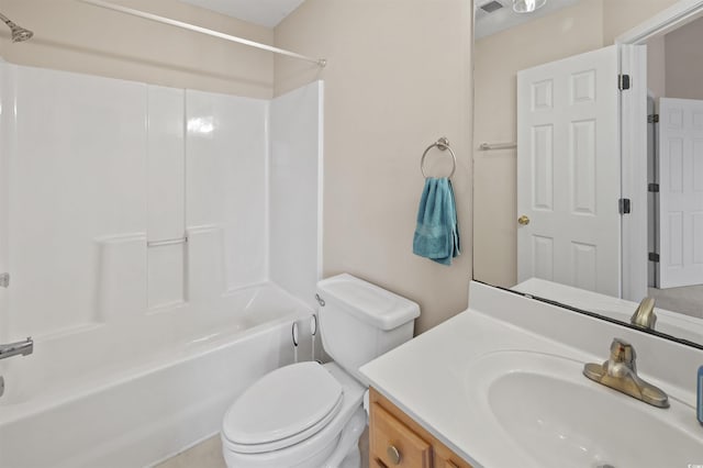 bathroom featuring visible vents, tub / shower combination, vanity, and toilet