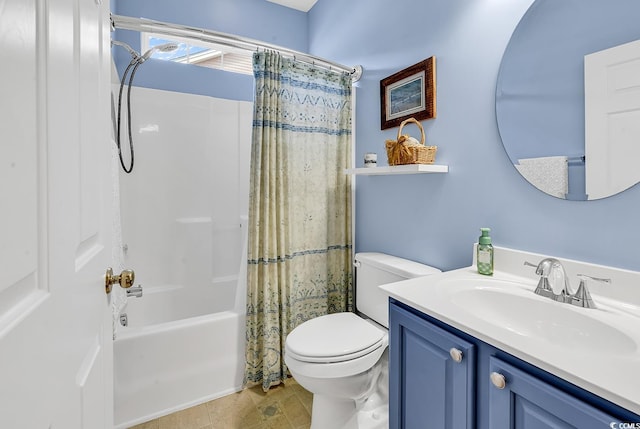 full bath with toilet, shower / bath combination with curtain, and vanity