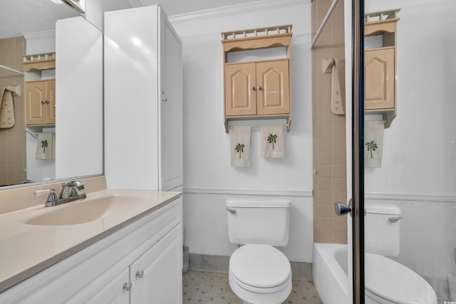 full bathroom with ornamental molding, vanity, toilet, and shower / bathing tub combination