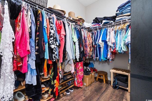 walk in closet featuring dark wood-style floors and vaulted ceiling