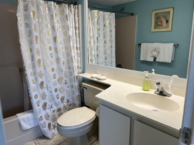 full bath with tile patterned flooring, shower / bath combo, vanity, and toilet