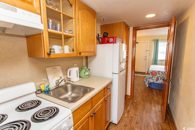 kitchen with under cabinet range hood, white appliances, wood finished floors, a sink, and light countertops