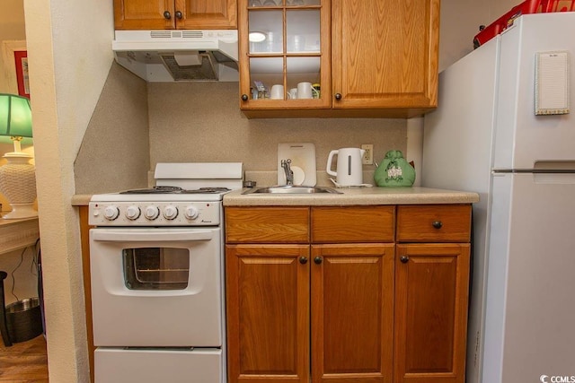 kitchen featuring under cabinet range hood, white appliances, a sink, light countertops, and glass insert cabinets