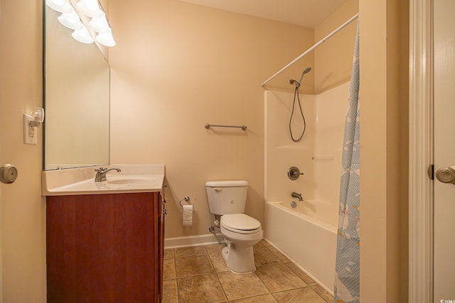 bathroom with shower / bathtub combination with curtain, toilet, vanity, baseboards, and tile patterned floors