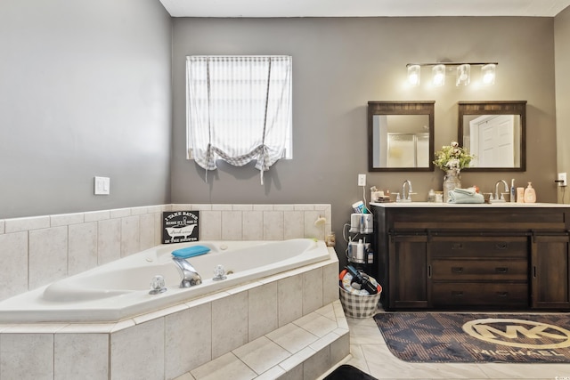 full bath with double vanity, a sink, and a bath