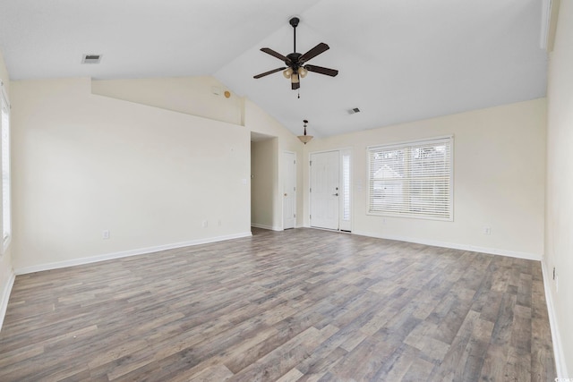 unfurnished living room with visible vents, ceiling fan, baseboards, and wood finished floors