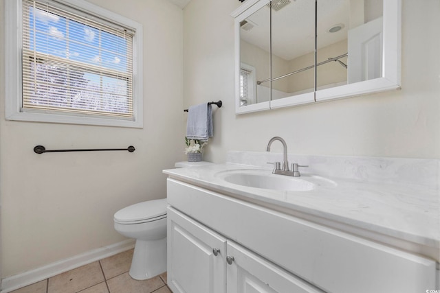 full bath with visible vents, toilet, vanity, tile patterned flooring, and baseboards