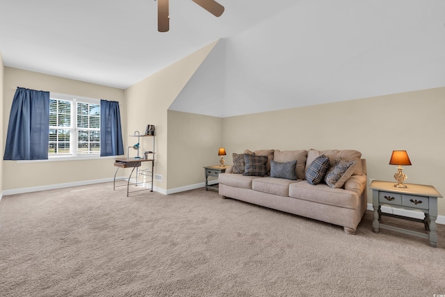 living area with carpet floors, baseboards, a ceiling fan, and lofted ceiling