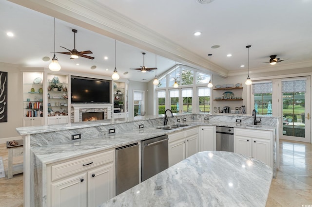 3100 Lahinch Dr, Myrtle Beach, SC 29579 - kitchen with light stone counters, a sink, stainless steel dishwasher, and ornamental molding