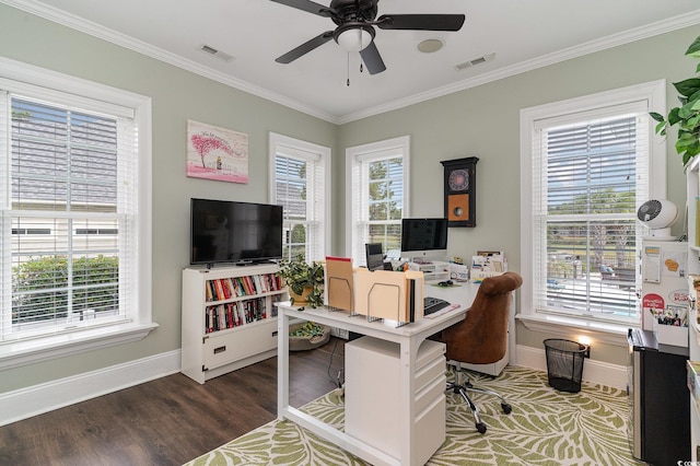 3100 Lahinch Dr, Myrtle Beach, SC 29579 - home office featuring ornamental molding, dark wood-style flooring, and visible vents