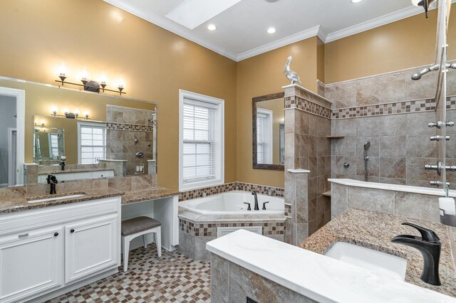 3100 Lahinch Dr, Myrtle Beach, SC 29579 - full bath featuring a healthy amount of sunlight, crown molding, two vanities, and a sink