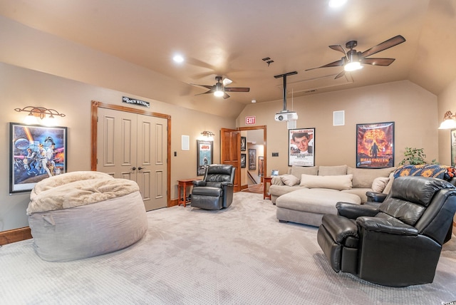 3100 Lahinch Dr, Myrtle Beach, SC 29579 - living room with a ceiling fan, carpet, visible vents, and vaulted ceiling