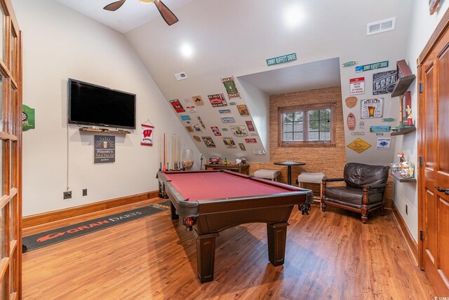 3100 Lahinch Dr, Myrtle Beach, SC 29579 - rec room featuring pool table, wood finished floors, visible vents, a ceiling fan, and vaulted ceiling
