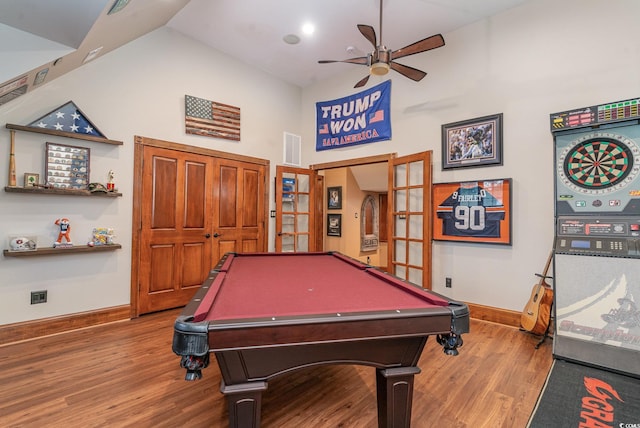 3100 Lahinch Dr, Myrtle Beach, SC 29579 - recreation room with ceiling fan, pool table, wood finished floors, visible vents, and baseboards