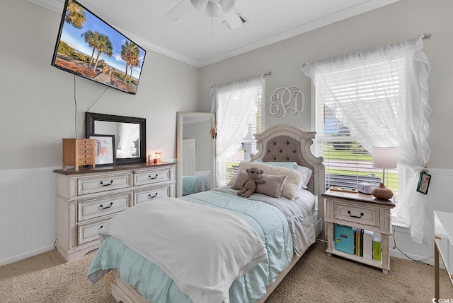 3600 White Wing Cir, Myrtle Beach, SC 29579 - bedroom featuring light carpet, ornamental molding, wainscoting, and ceiling fan