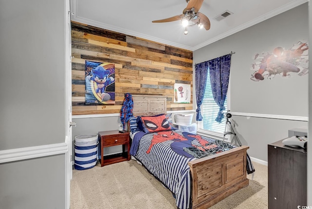 3600 White Wing Cir, Myrtle Beach, SC 29579 - carpeted bedroom featuring wood walls, crown molding, ceiling fan, and baseboards