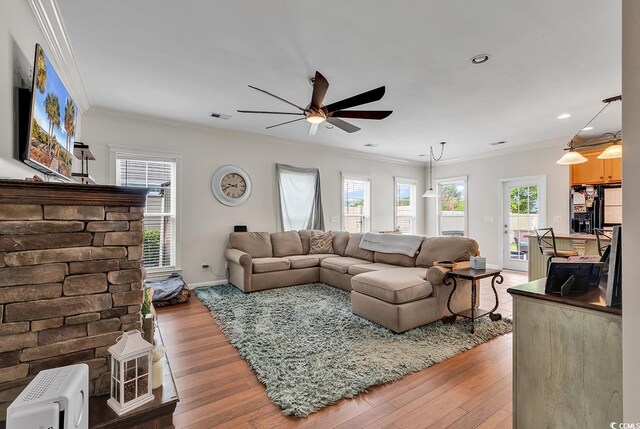 3600 White Wing Cir, Myrtle Beach, SC 29579 - living area featuring ceiling fan, wood finished floors, ornamental molding, baseboards, and recessed lighting
