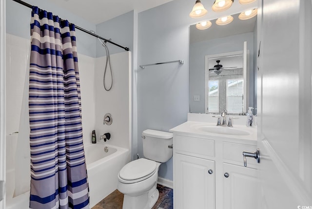 3600 White Wing Cir, Myrtle Beach, SC 29579 - full bathroom with shower / bathtub combination with curtain, vanity, toilet, ceiling fan, and baseboards