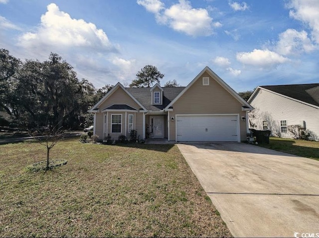 view of front of house with an attached garage, driveway, and a front lawn