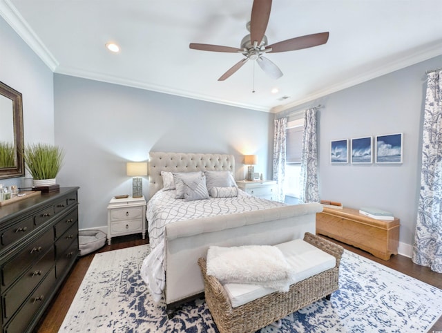 bedroom featuring dark wood-style floors, ceiling fan, ornamental molding, and baseboards