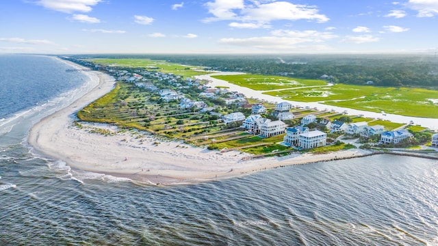 aerial view featuring a water view and a beach view