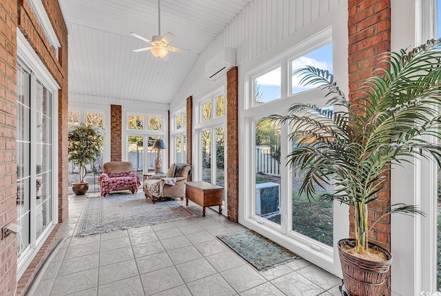 sunroom / solarium featuring a ceiling fan, lofted ceiling, and an AC wall unit