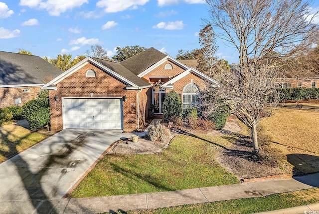 ranch-style home featuring concrete driveway, brick siding, a front lawn, and an attached garage