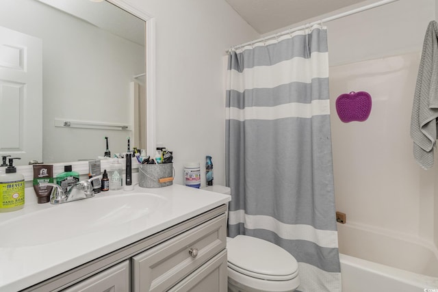 full bathroom with toilet, shower / bath combo, and vanity