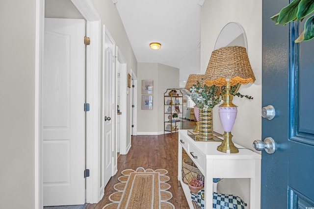 foyer entrance with dark wood-style flooring and baseboards