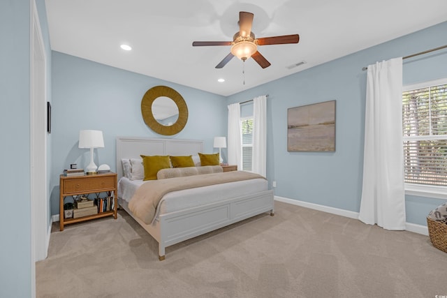 bedroom with light carpet, baseboards, visible vents, ceiling fan, and recessed lighting