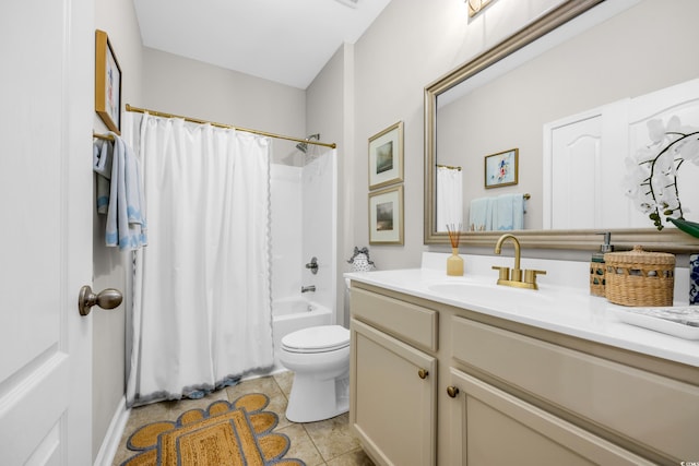 full bathroom featuring toilet, tile patterned flooring, vanity, and shower / bathtub combination with curtain