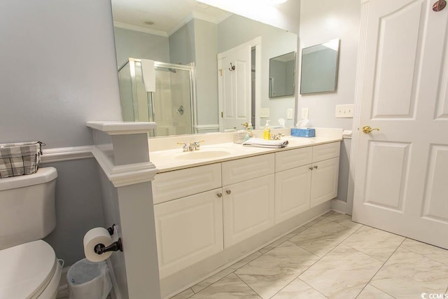 full bath with marble finish floor, crown molding, toilet, a sink, and a shower stall