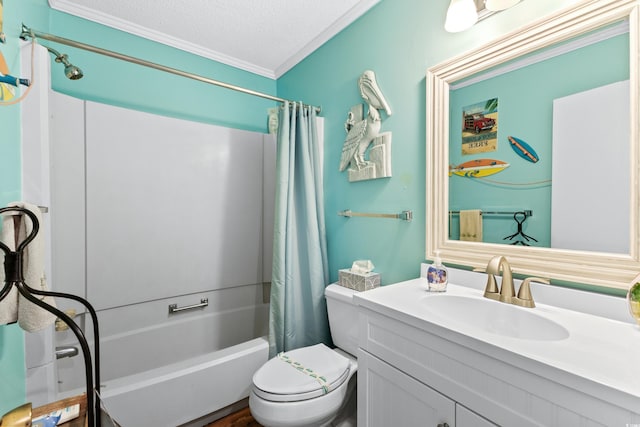 bathroom with toilet, ornamental molding, shower / bath combo, a textured ceiling, and vanity