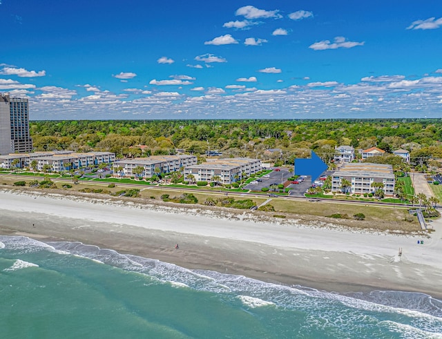 drone / aerial view with a water view and a view of the beach