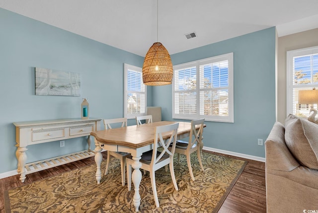 dining room with visible vents, dark wood finished floors, and baseboards