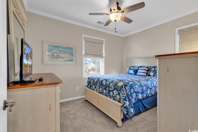 bedroom featuring light carpet, ornamental molding, visible vents, and baseboards