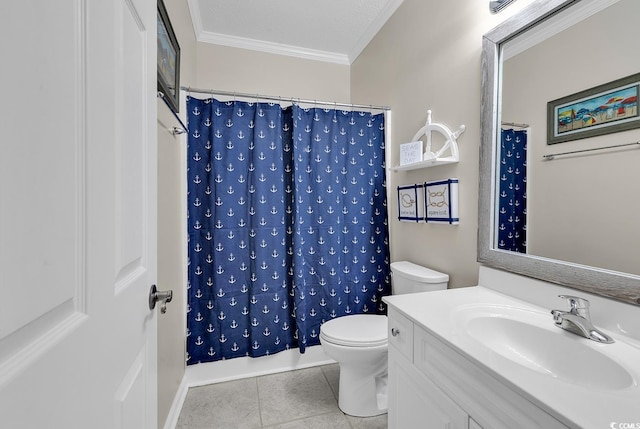 full bath featuring toilet, a shower with curtain, ornamental molding, tile patterned flooring, and vanity