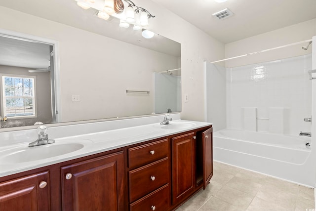 full bath featuring double vanity, visible vents,  shower combination, and a sink