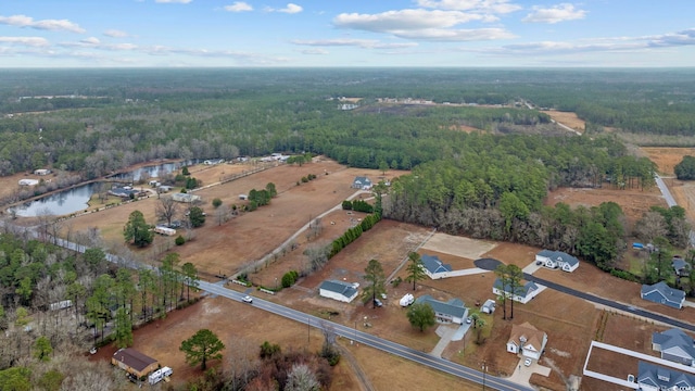 bird's eye view with a water view and a wooded view