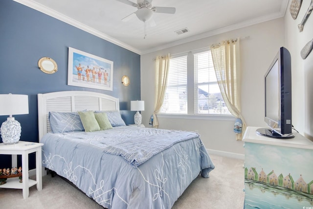 bedroom featuring light carpet, crown molding, visible vents, and baseboards