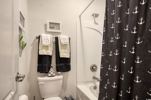 bathroom with toilet and shower / bath combination with curtain